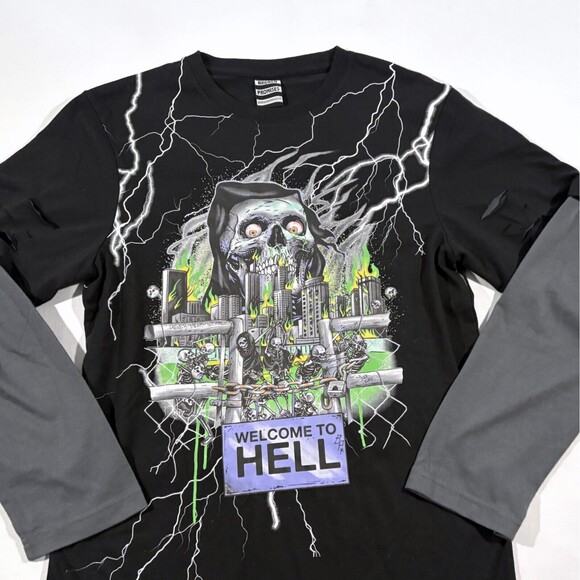 Broken Promises Welcome to Hell Graphic Print Long Sleeve T-Shirt Black Men XS - Picture 2 of 10
